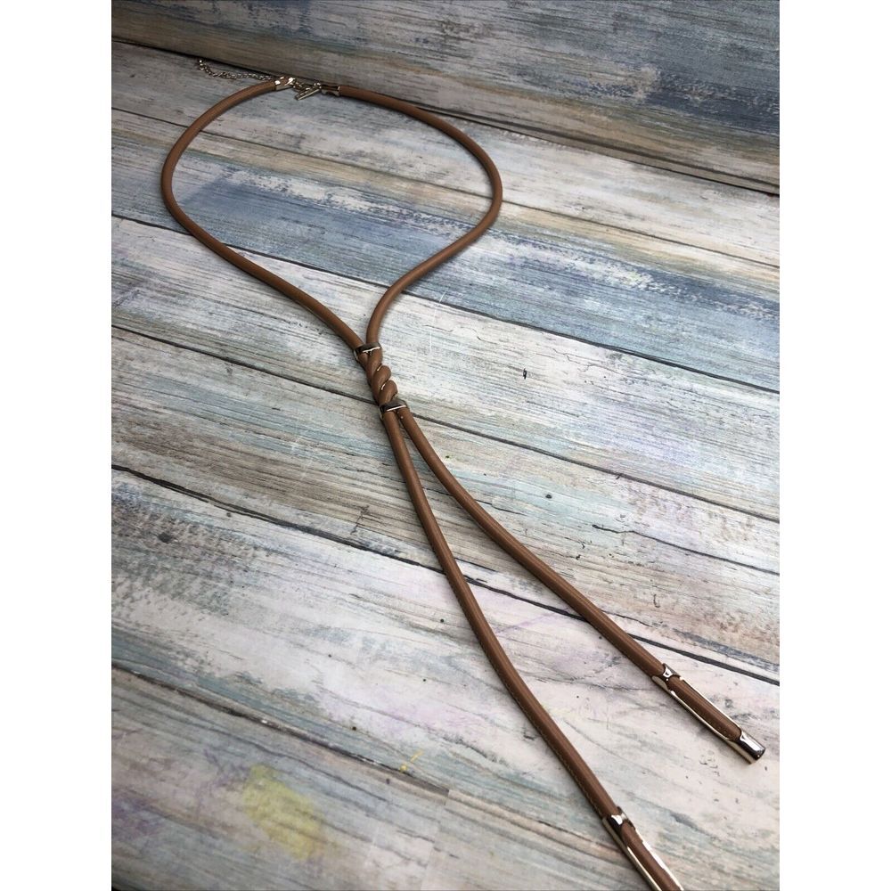 WHBM Leather Lariat Style Necklace Gold‎ Tone 28" Plus 8" Tassel
